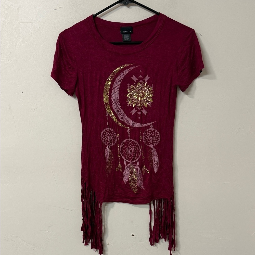 Women's Maroon Dreamcatcher Fringe Top Y2K